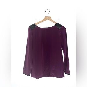 CLUB MONACO Dark Purple Silk Long Sleeve Leather Blouse Size Small